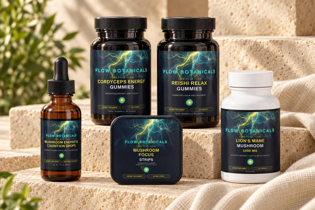 All five Flow Botanicals formulas: Drops, Focus Strips, Reishi Gummies, Cordyceps Gummies and Lion’s Mane capsules