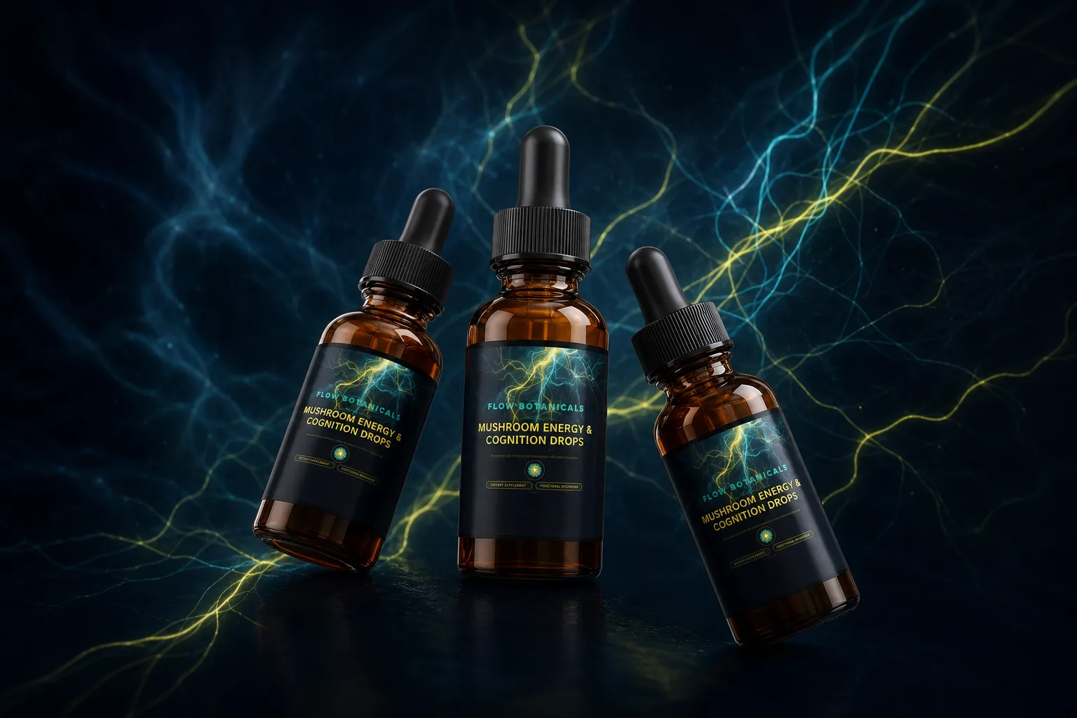 Three Flow Botanicals Mushroom Energy and Cognition Drops bottles